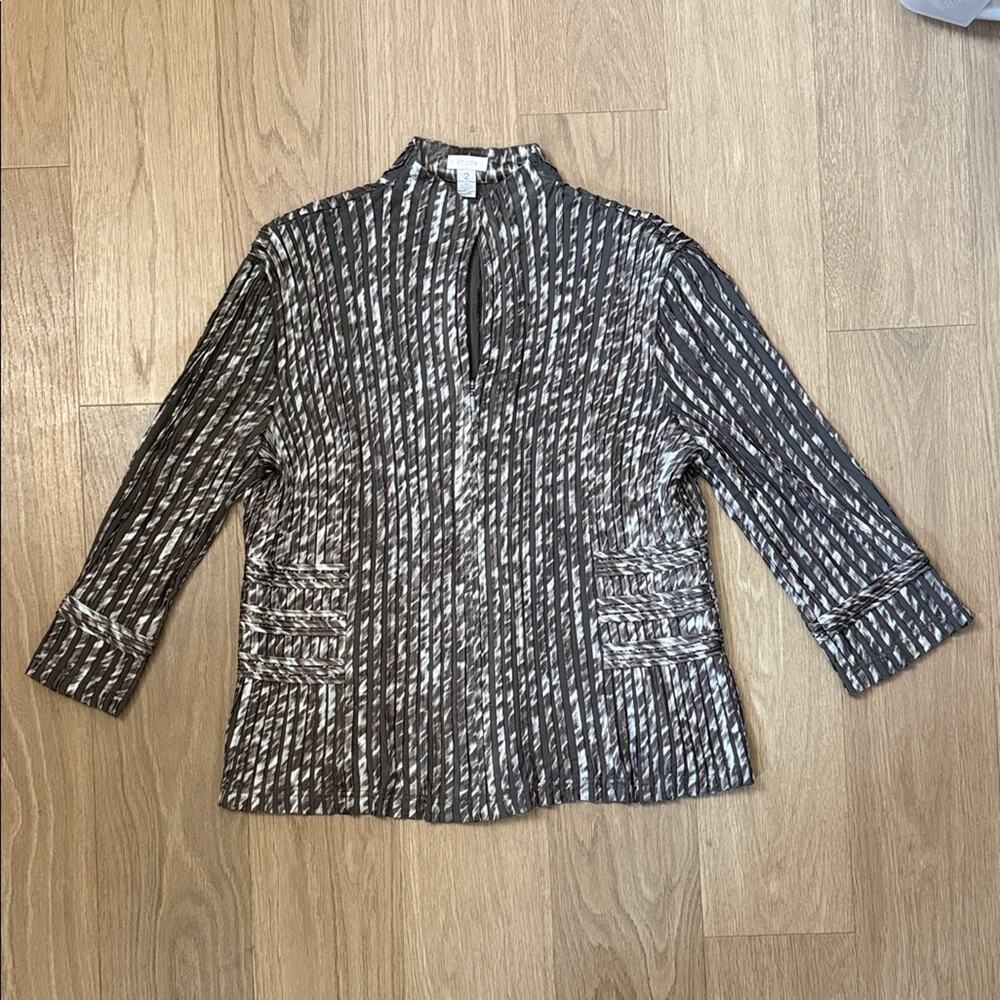 Chico's Tan and Cream Ribbed Sheer Detail Patterned Zip Front Jacket Size Large